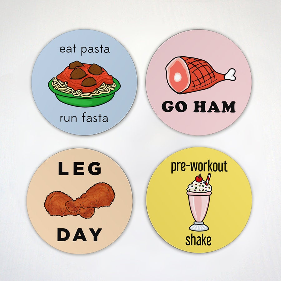 Set of 6 Funny Gym Workout Fridge Magnets or Pinback Buttons