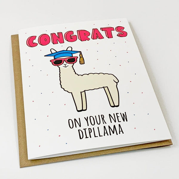 Punny Llama Graduation Card - Congrats On Your New Diploma - Dad Joke Greeting Card For New Graduate