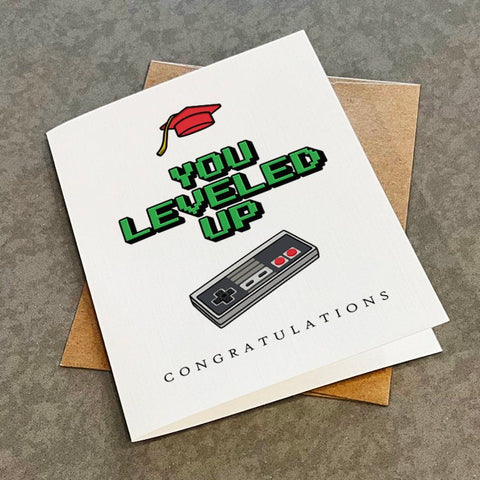 Gamer Graduation Card For Him - Congratulations Card For Son - You Leveled Up Simple Graduation Card For Retro Gaming Fan