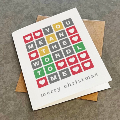 Christmas Wordle Card - You Mean The Wordl To Me - Sweet Christmas Card For Wordle Fan, Word Puzzle Birthday Card For Wife or Husband Gift