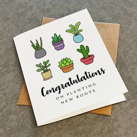 New Roots Congratulations Card, New Home Card For Plant Lover, Cute House Plant Card For New Apartment, New Place, House Warming Card