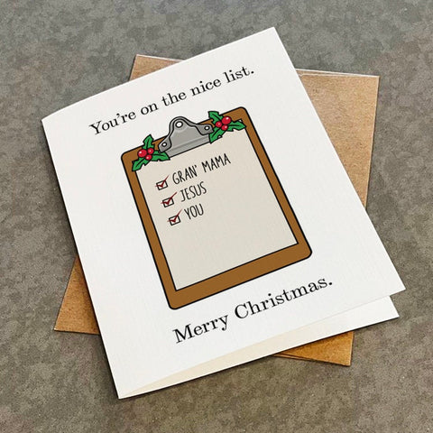 You're On The Nice List - Merry Christmas - Funny Christmas Card For Niece - Nephew Christmas - Holiday Card For Family