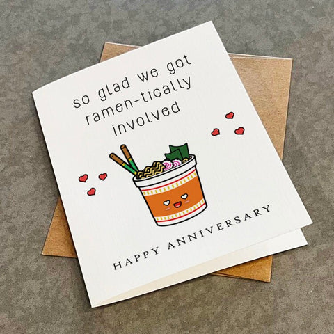 Ramen-tically Involved Anniversary Card - Funny Ramen Themed Anniversary Greeting Card - Cute & Adorable Anniversary Gift Card For Husband