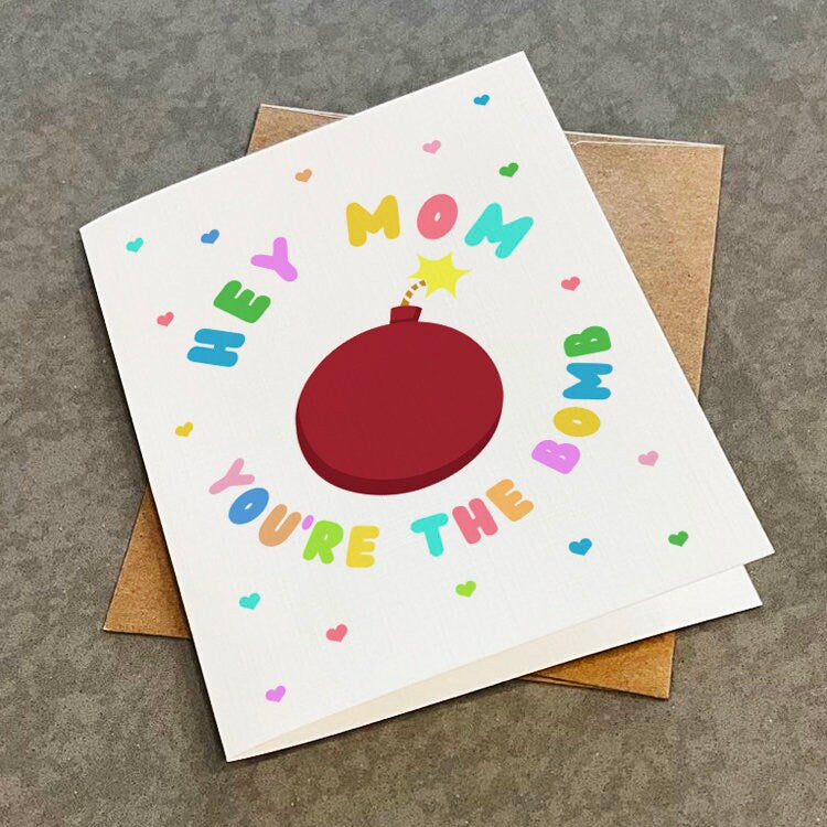 Cherry Red Mother's Day Card - Hey Mom You're The Bomb - Light Spring Colors