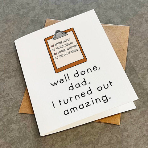 Well Done Dad Cute Father's Day Card - Basic Fatherhood Checklist - No Face Tattoos