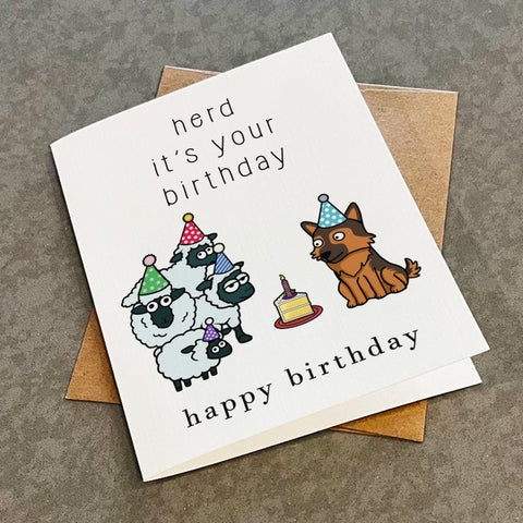 Herd It's Your Birthday - Sheep and German Shepard - Cute Birthday Card For dog Owner or Farmer - Funny Pun Joke Greeting Card