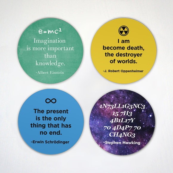 Famous Theoretical Physicist Quotes - Scientist Quotes - 4 Pack Fridge Magnets - Einstein Oppenheimer Hawking - 2.6" Inches or 4" Inches