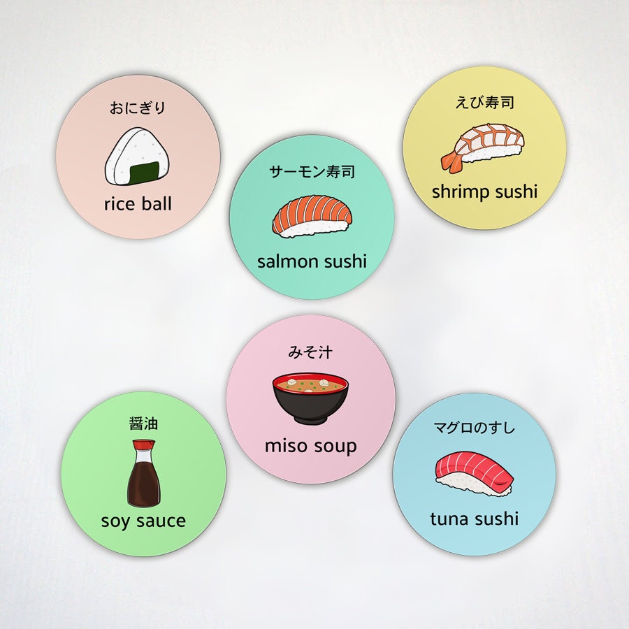 Japanese Sushi 6 Pack Magnet Set - Learn Japanese English Translation - Colourful Manget - 2.6" Inch or 4" Inch Fridge Magnets