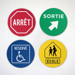Learn French - 4 Pack Traffic Signage - Red Stop Sign Arrêt - School Zone - Fridge Magnets - Sortie 2.6" or 4" Inches