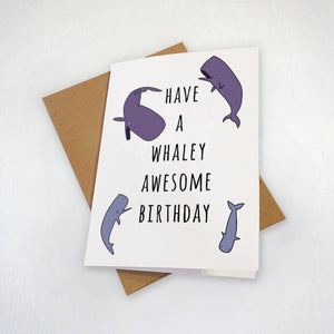 A Whaley Awesome Birthday - Grey Whale and Sperm Whale - Cute Birthday Card - Punny Greeting Card