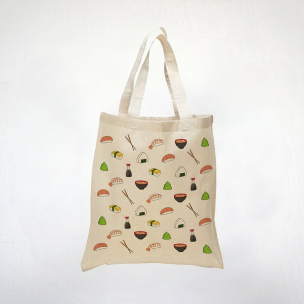 Sushi Lovers Grocery Tote Bag - Tuna Sushi Soy Sauce Wasabi Pattern - 100% Cotton Tote White or Beige