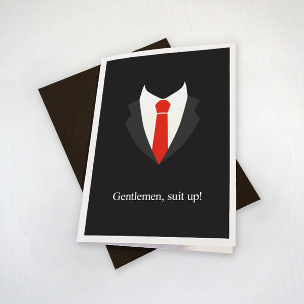 Gentlemen Suit Up - Funny Groomsman Invitation Card -  Tuxedo Black Suit & Tie