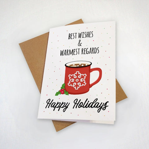 Warmest Regards - Hot Cocoa Holiday Greetings Card - Minimalist Art  - Red Mug and Snowflake - Cute Christmas Card