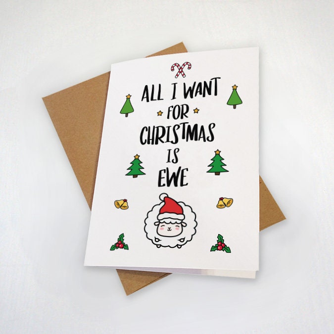 I Want For Christmas Is Ewe - Cute Couples Christmas Card - Funny Sheep Pun Holiday Greeting Card