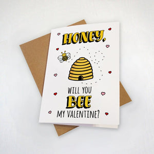 Honey Bee Valentine's Day Card - Will You Be My Valentine - Punny Honeycomb Greeting Card For Husband or Wife