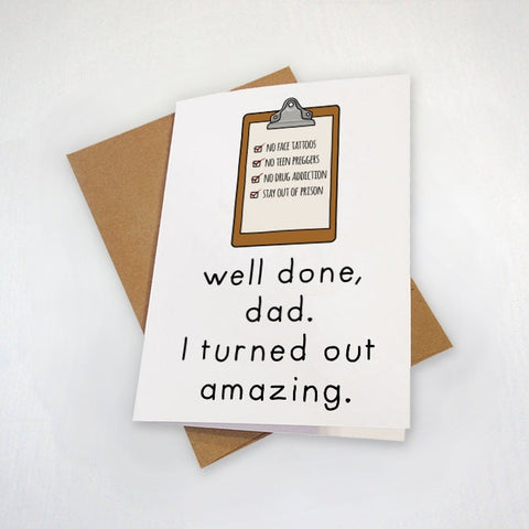 Well Done Dad Cute Father's Day Card - Basic Fatherhood Checklist - No Face Tattoos