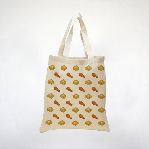 Chicken And Waffles  Grocery Tote Bag - Friend Chicken With Belgian Waffle Pattern - 100% Cotton Tote - Christmas Gift For Bestfriend