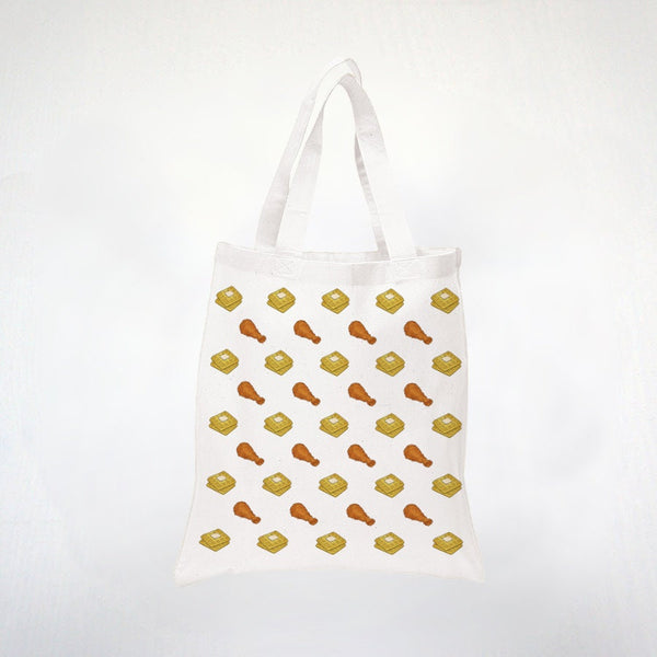 Chicken And Waffles  Grocery Tote Bag - Friend Chicken With Belgian Waffle Pattern - 100% Cotton Tote - Christmas Gift For Bestfriend