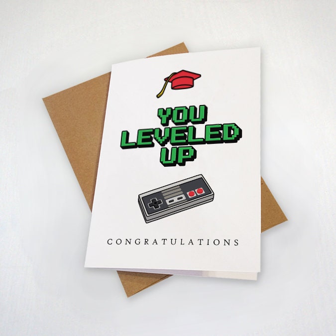 Gamer Graduation Card For Him - Congratulations Card For Son - You Leveled Up Simple Graduation Card For Retro Gaming Fan