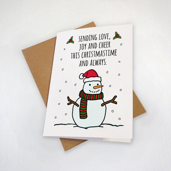 Sweet & Sentimental Christmas Card For Friends And Family, Sending Joy Love Cheer Cute Snowman Holiday Card, Card For Coworker