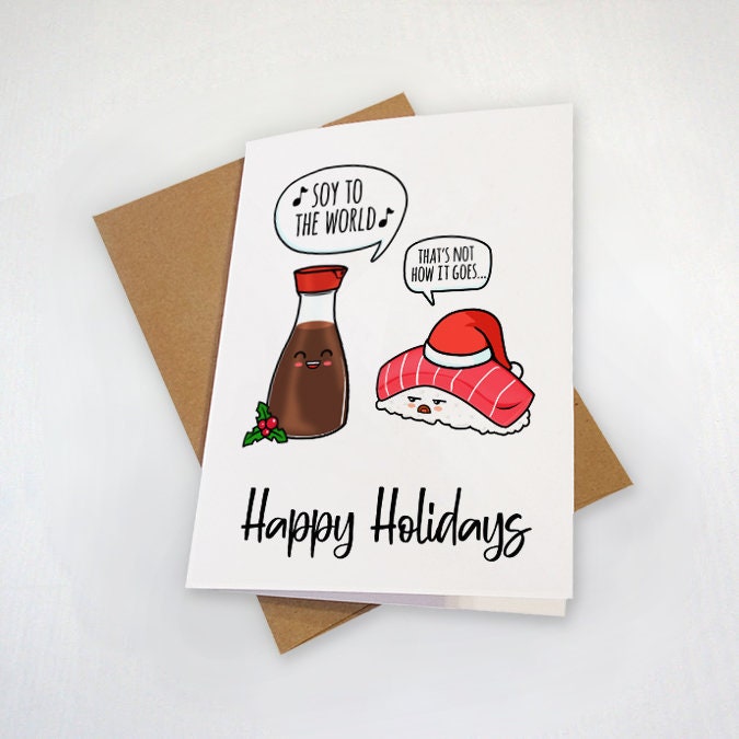 Funny Sushi Christmas Card, Joy To The World Holiday Card For Family, Cute Comic X-Mas Card, Christmas Card For Neighbors