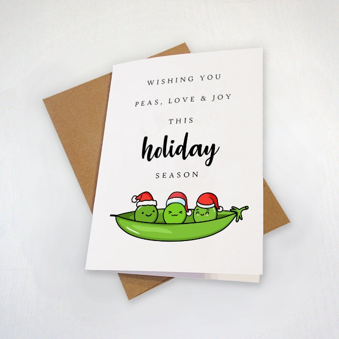 Peace Love & Joy Holiday Greeting Card, Funny Pun Joke Christmas Card, Green Peas Seasons Greeting Card For Friends And Family